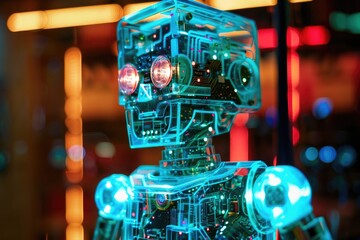 Poster - An advanced robot with glowing eyes in a dark room, A glowing robot with a mosaic of pulsing lights covering its surface, AI generated