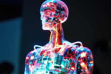 Poster - An advanced robot with glowing eyes in a dark room, A glowing robot with a mosaic of pulsing lights covering its surface, AI generated