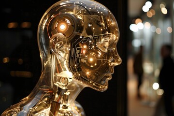 Poster - A robot head with glowing blue and pink lights, showcasing a futuristic and vibrant design, Ai generated