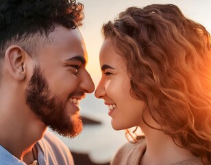 Close-up of the faces of a smiling young couple in profile.