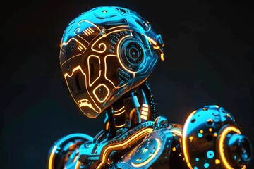 Poster - Image of a robot head illuminated by blue and pink lights, creating a striking visual effect, A glowing robot with intricate circuit patterns visible beneath its translucent casing, AI generated