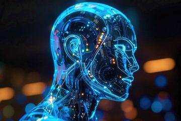 Poster - A robot head with glowing blue and pink lights, showcasing a futuristic and vibrant design, Ai generated