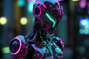 Poster - Image of a robot head illuminated by blue and pink lights, creating a striking visual effect, A glowing robot with intricate circuit patterns visible beneath its translucent casing, AI generated