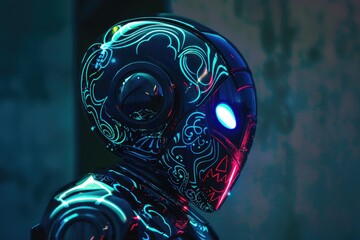 Poster - Image of a robot head illuminated by blue and pink lights, creating a striking visual effect, A glowing robot with intricate circuit patterns visible beneath its translucent casing, AI generated