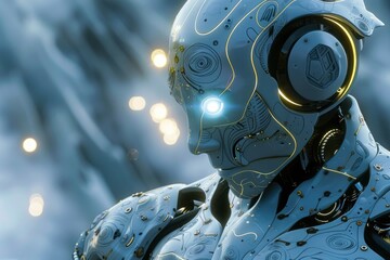 Poster - An illuminated robot with glowing eyes in a dimly lit environment., A glowing robot with intricate circuit patterns visible beneath its translucent casing, AI generated