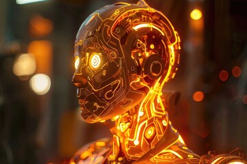 Poster - An illuminated robot with glowing eyes in a dimly lit environment., A glowing robot with intricate circuit patterns visible beneath its translucent casing, AI generated