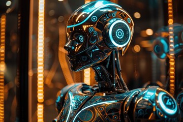 Poster - An illuminated robot with glowing eyes in a dimly lit environment., A glowing robot with intricate circuit patterns visible beneath its translucent casing, AI generated