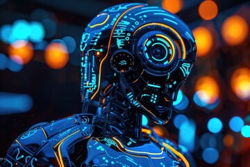 Poster - An illuminated robot with glowing eyes in a dimly lit environment., A glowing robot with intricate circuit patterns visible beneath its translucent casing, AI generated