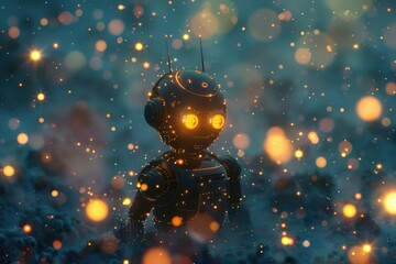 Poster - a glowing robot surrounded by a field of floating, luminous particles, ai generated