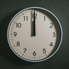 Wall clock on black background. Dial of a clock showing twelve o'clock.