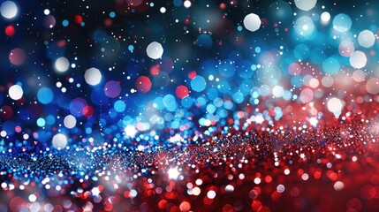 Wall Mural - Vibrant red, white, and blue glitter sparkles creating an abstract patriotic background with a festive feel.