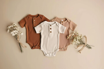 Wall Mural - Baby onesie set on a beige background. Fashion newborn clothes. Flat lay, top view. Baby kids soft clothing made from organic cotton. Infant trendy bodysuit natural colors, earth tones. Gender neutral