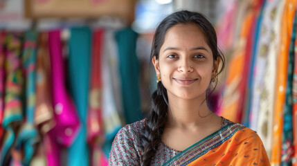 Sticker - Young indian woman standing in saree shop