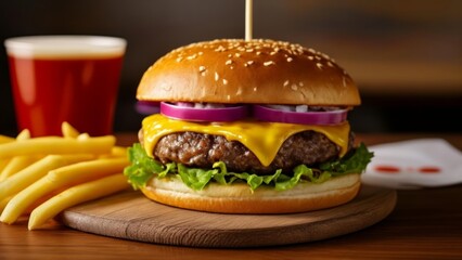 Wall Mural -  Deliciously stacked burger with cheese and onions served with golden fries