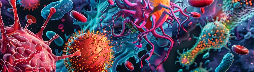 Aufkleber - Microscopic View of a Virus and Immune Cells