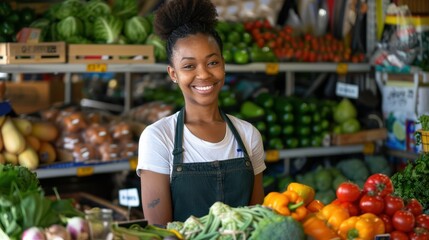 african american people young woman small business owner SME owner go green net zero esg recycle retail portrait shot smile in green zero waste organic food and groceries shop owner at counter