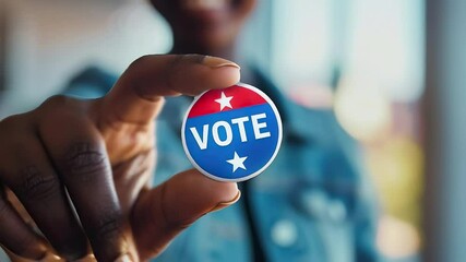 Wall Mural - A video of a woman holding a button with the inscription VOTE and the American flag in his hand. Voting and elections icon. The concept of positivity and politics for the American government, party.