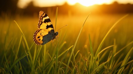 Poster -  Butterfly in a field of tall grass basking in the sun