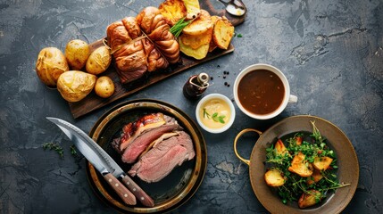 Wall Mural - A traditional roast beef dinner with Yorkshire pudding, roast potatoes, and gravy