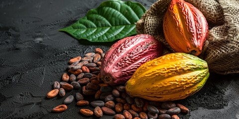 Wall Mural - Three different colored chocolate covered cacao beans are on a table with some chocolate powder