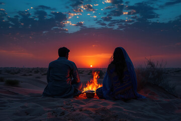 Young couple sitting around bonfire in the desert