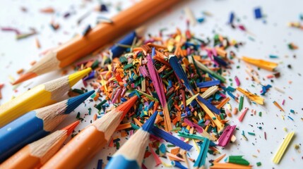 Sticker - Colored pencil shavings in a pile on white surface from above