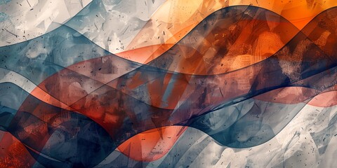 Wall Mural - A colorful abstract painting with a blue and white background and red and orange waves. The painting has a sense of movement and energy, and the colors evoke a feeling of excitement and passion