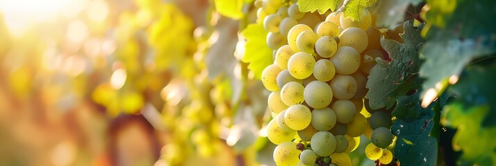 Wall Mural - A bunch of grapes hanging from a vine. The grapes are ripe and ready to be picked. The vine is green and lush, and the sunlight is shining on the grapes, making them look even more vibrant