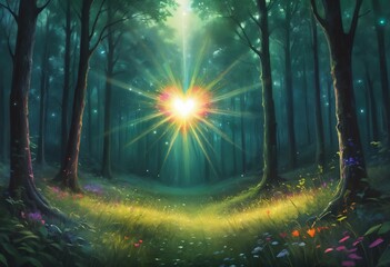 Aufkleber - A dark green forest meadow with a colorful heart radiating light beams, magic lights, oil paint