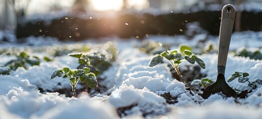 Wall Mural - A garden with snow on the ground and a shovel leaning against it. The shovel is in the foreground and the plants are in the background