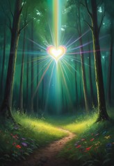 Poster - A dark green forest meadow with a colorful heart radiating light beams, magic lights, oil paint