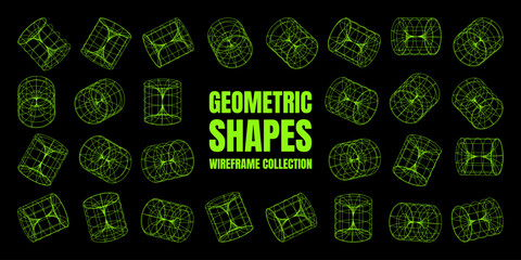 Wireframe lined shapes. Perspective mesh, 3d grid. Low poly geometric elements. Retro futuristic design elements, y2k, vaporwave and synthwave style. Vector illustration