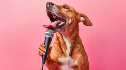 Funny cute dog sing a song and holding microphone isolated on pastel background.