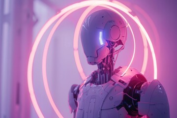 Poster - A robot standing in front of a vibrant, multicolored background, A robotic figure surrounded by a halo of soft, pastel-colored lights, AI generated