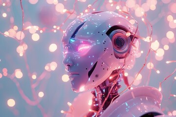 Aufkleber - A robot standing in front of a vibrant, multicolored background, A robotic figure surrounded by a halo of soft, pastel-colored lights, AI generated