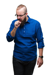 Poster - Young caucasian hipster man wearing glasses over isolated background feeling unwell and coughing as symptom for cold or bronchitis. Healthcare concept.