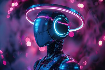 Poster - Vibrant colors frame a robot in the foreground, A robotic figure surrounded by a halo of soft, pastel-colored lights, AI generated