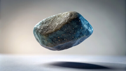 Poster - A smooth, blue and grey rock floats in mid-air against a plain white backdrop
