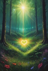 Poster - A dark green forest meadow with a colorful heart radiating light beams, magic lights, oil paint