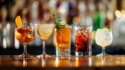 A row of elegant cocktail glasses on a bar