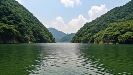 Canvas Print -  Tranquil waters between verdant mountains