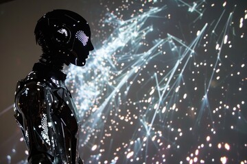 Poster - A robot standing in front of a background of lights, A robotic being with a cascading display of shimmering lights trailing behind it, AI generated