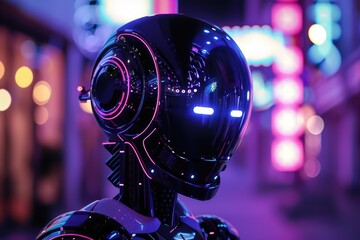 Poster - A robotic being with pulsating, neon lights lining its frame. AI generated