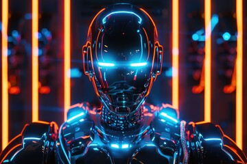 Poster - A robotic being with pulsating, neon lights lining its frame. AI generated