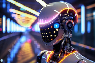Poster - A robotic being with pulsating, neon lights lining its frame. AI generated