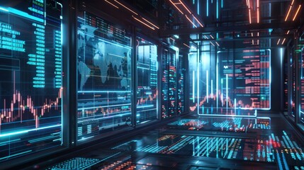 Poster - monitoring economic movements, business, candle movements, stock markets. displayed in the form of a hologram screen display and the latest technology to make analysis easier