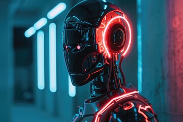 Poster - A futuristic robot with neon lights glowing on its head, A robotic being with pulsating, neon lights lining its frame. AI generated