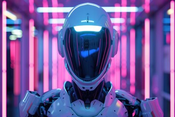 Poster - A futuristic robot with neon lights glowing on its head, A robotic being with pulsating, neon lights lining its frame. AI generated