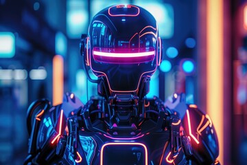Poster - A futuristic robot with neon lights glowing on its head, A robotic being with pulsating, neon lights lining its frame. AI generated