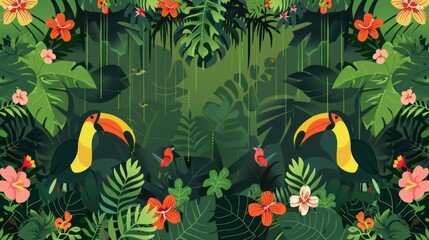 Wall Mural - A minimalist scene of a lush, green jungle adorned with vibrant exotic flowers and birds